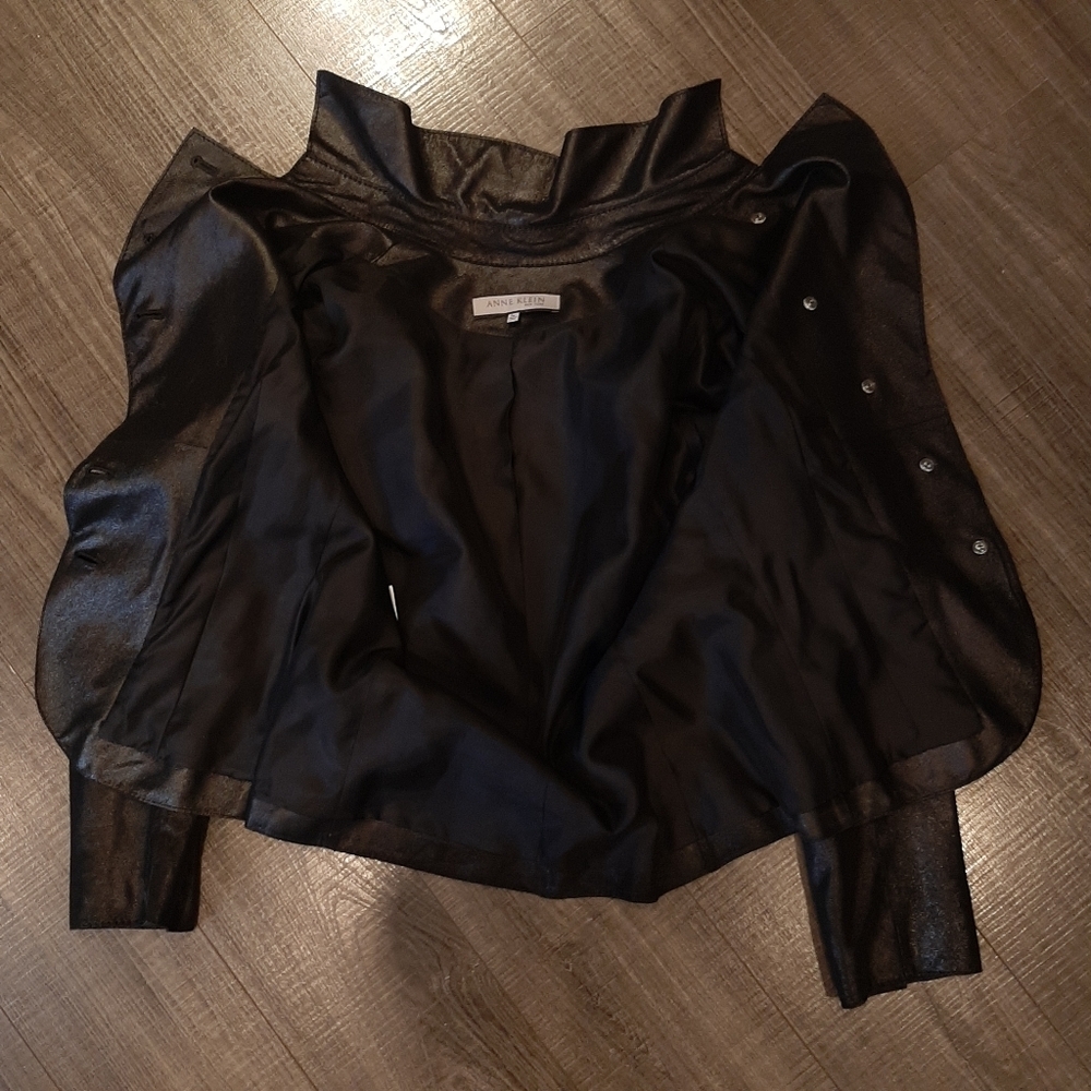Anne Klein Coated Geniune Leather Jacket Moto Style Single Breasted Black Medium - Picture 14 of 15